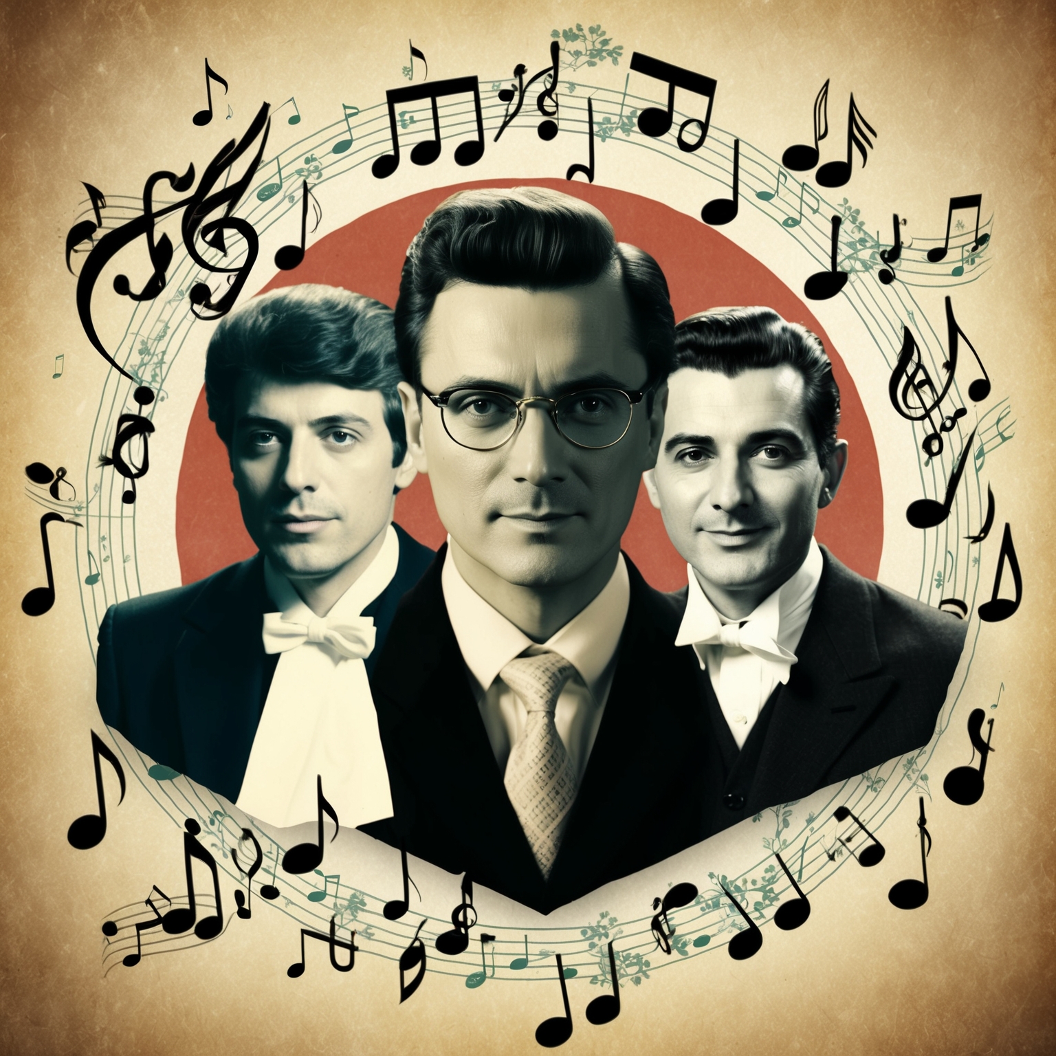 Portraits of three composers in a vintage style, surrounded by musical notes and motifs that resemble the lush romantic atmosphere of 