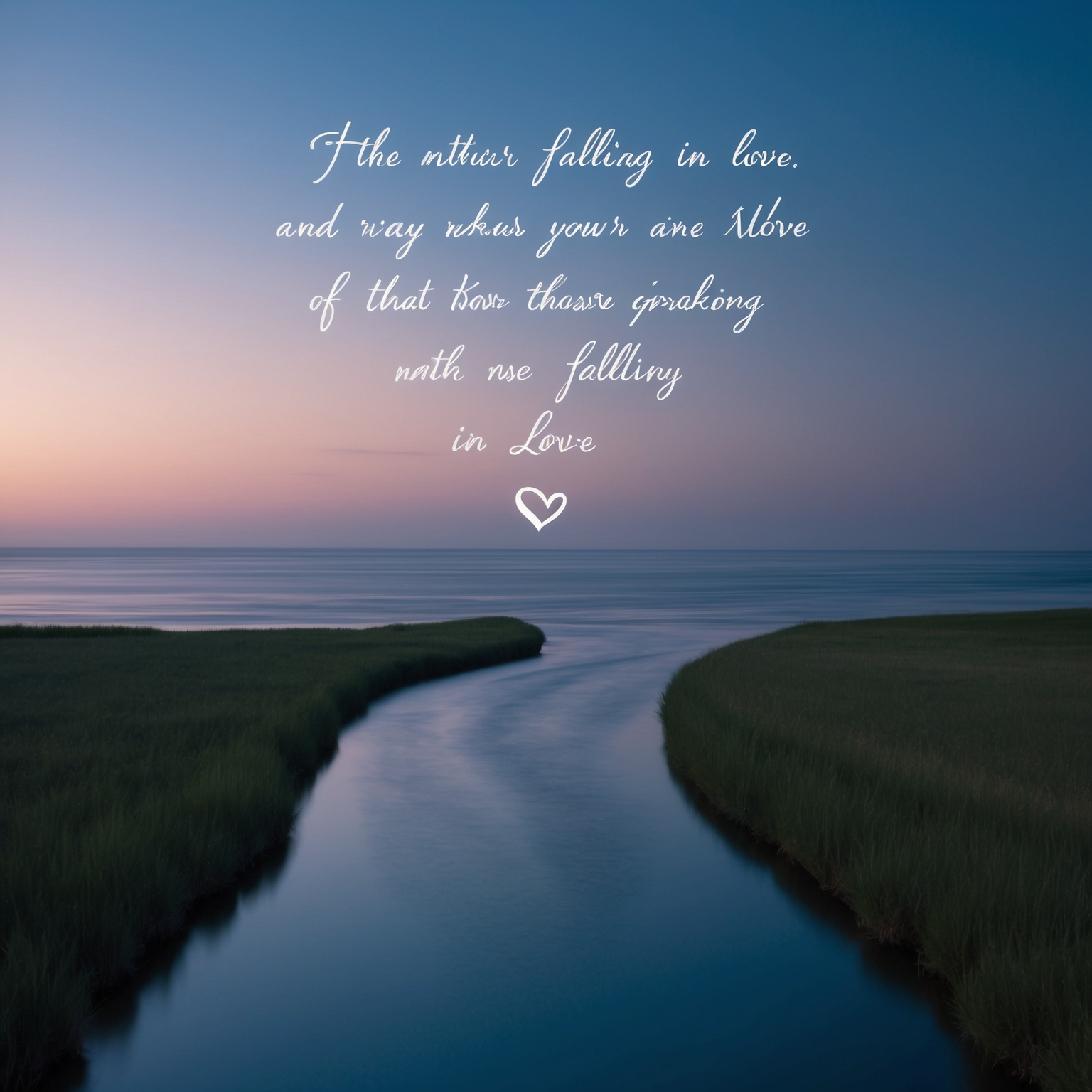 A serene landscape of a calm river flowing towards a vast ocean under a twilight sky, symbolizing the natural inevitability captured in the lyrics of falling in love, with soft colors and an ethereal atmosphere.