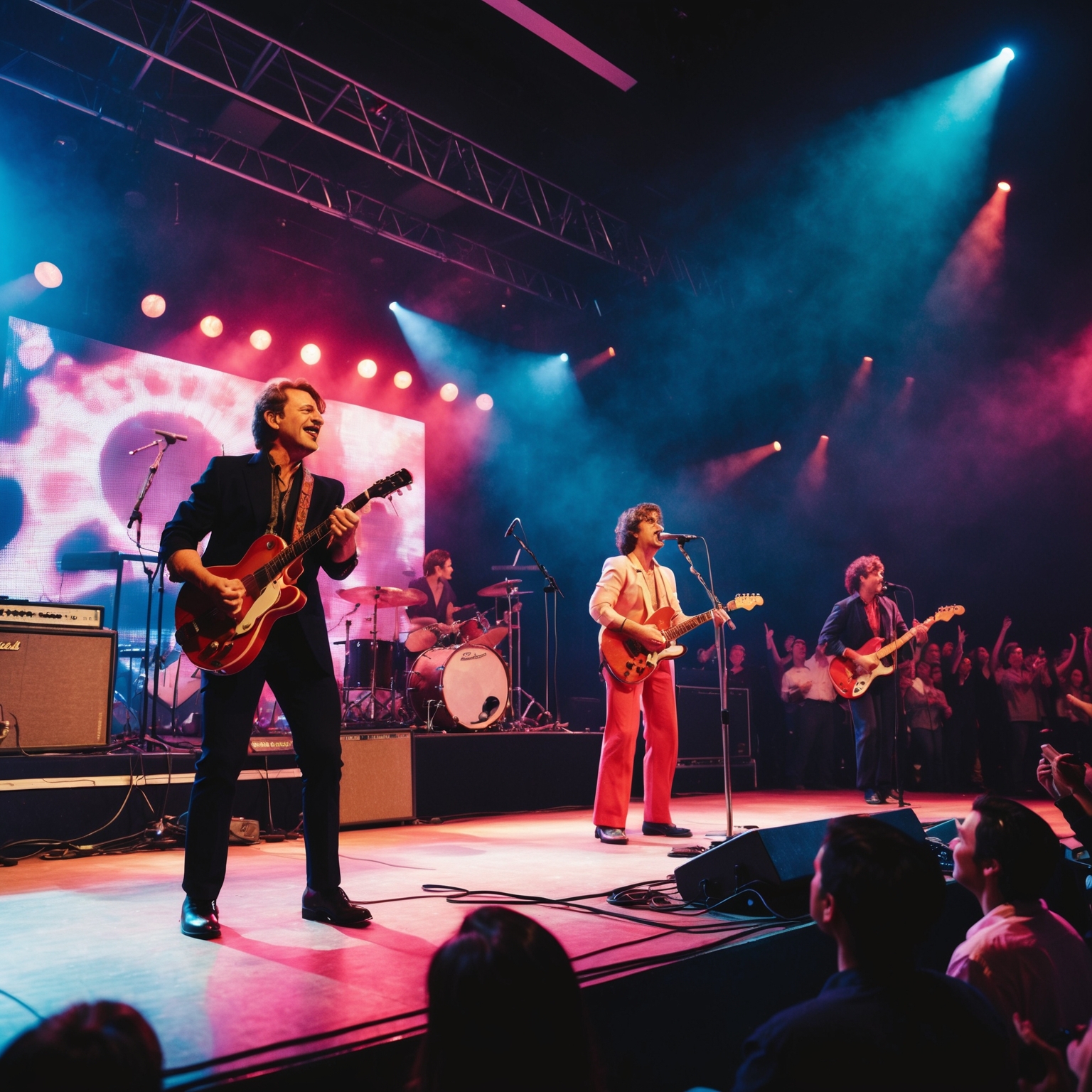 Capture a vibrant and lively scene of a band performing on stage in an early 1990s setting. Include dynamic light displays and a cheering audience, with a focus on a charismatic lead vocalist. Integrate abstract overlays and a dreamy atmosphere to convey a romantic and heartfelt mood.