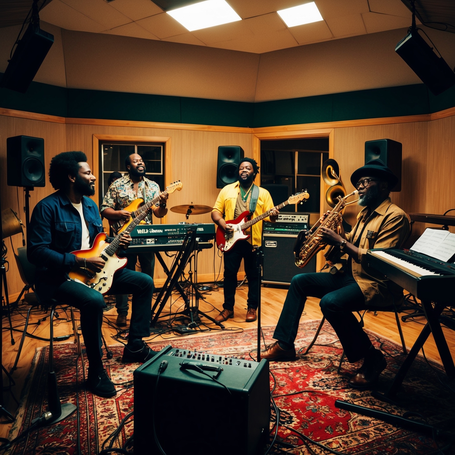 Create an image depicting a reggae band performing in a recording studio. The setting should include instruments like guitars, synthesizers, and brass elements, focusing on a relaxed and creative atmosphere with acoustic enhancements at Windmill Lane Studios. The image should capture the essence of reggae music intertwined with classic tunes, illustrating a blend of contemporary and vintage musical elements.