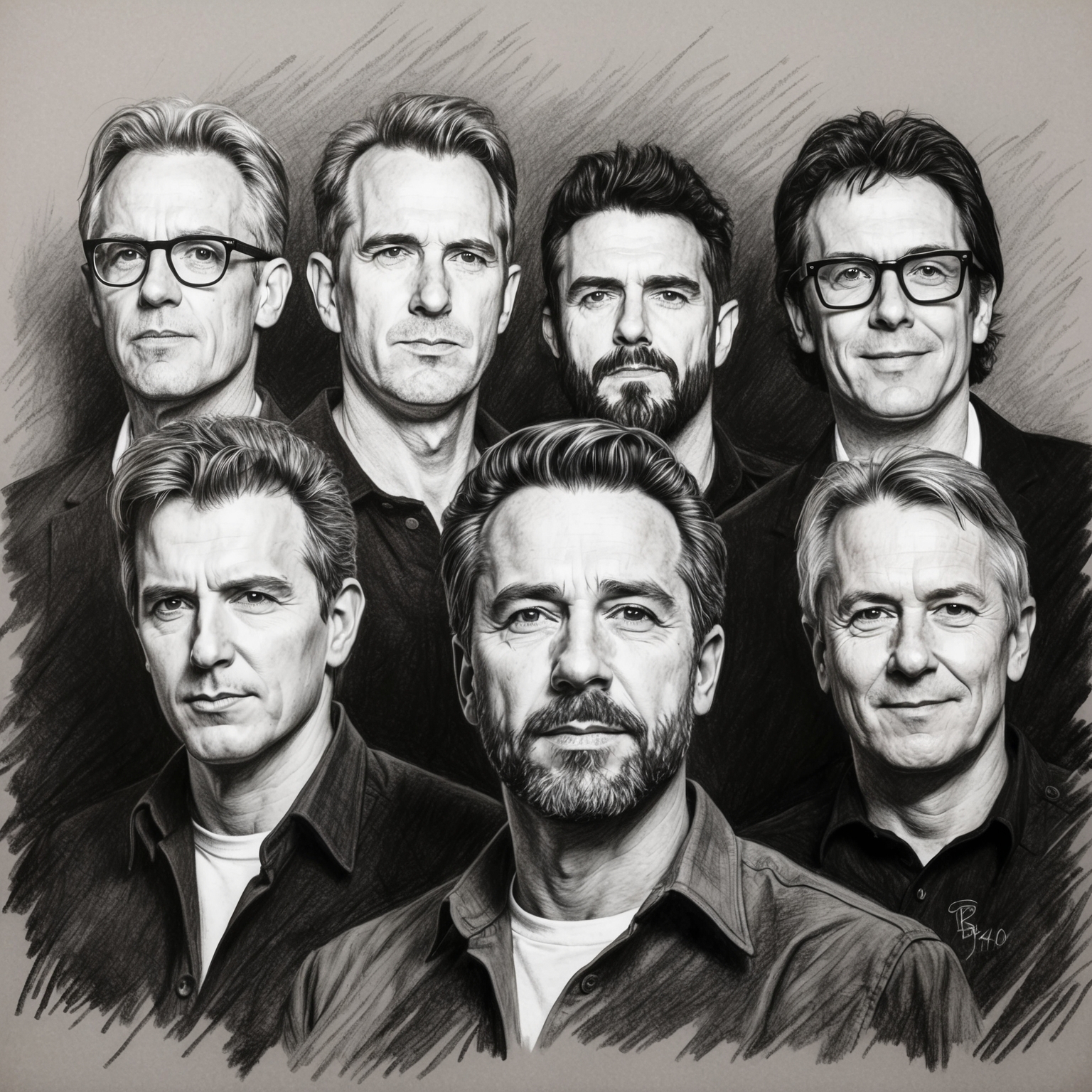 Create a charcoal, stylistic drawing of UB40, featuring a black and white charcoal portrait with a half-finished feel. Highlight the diverse members of the band with an artistic, unfinished touch.