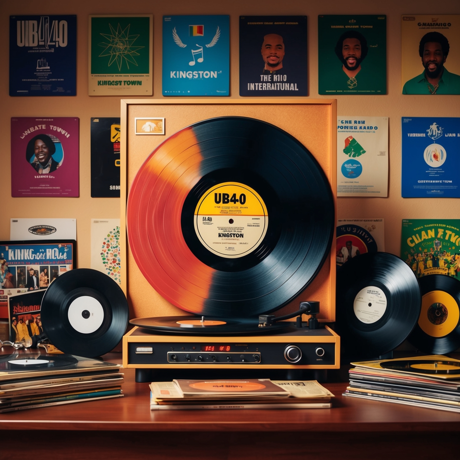 Generate an image of a vintage vinyl record collection featuring the song 