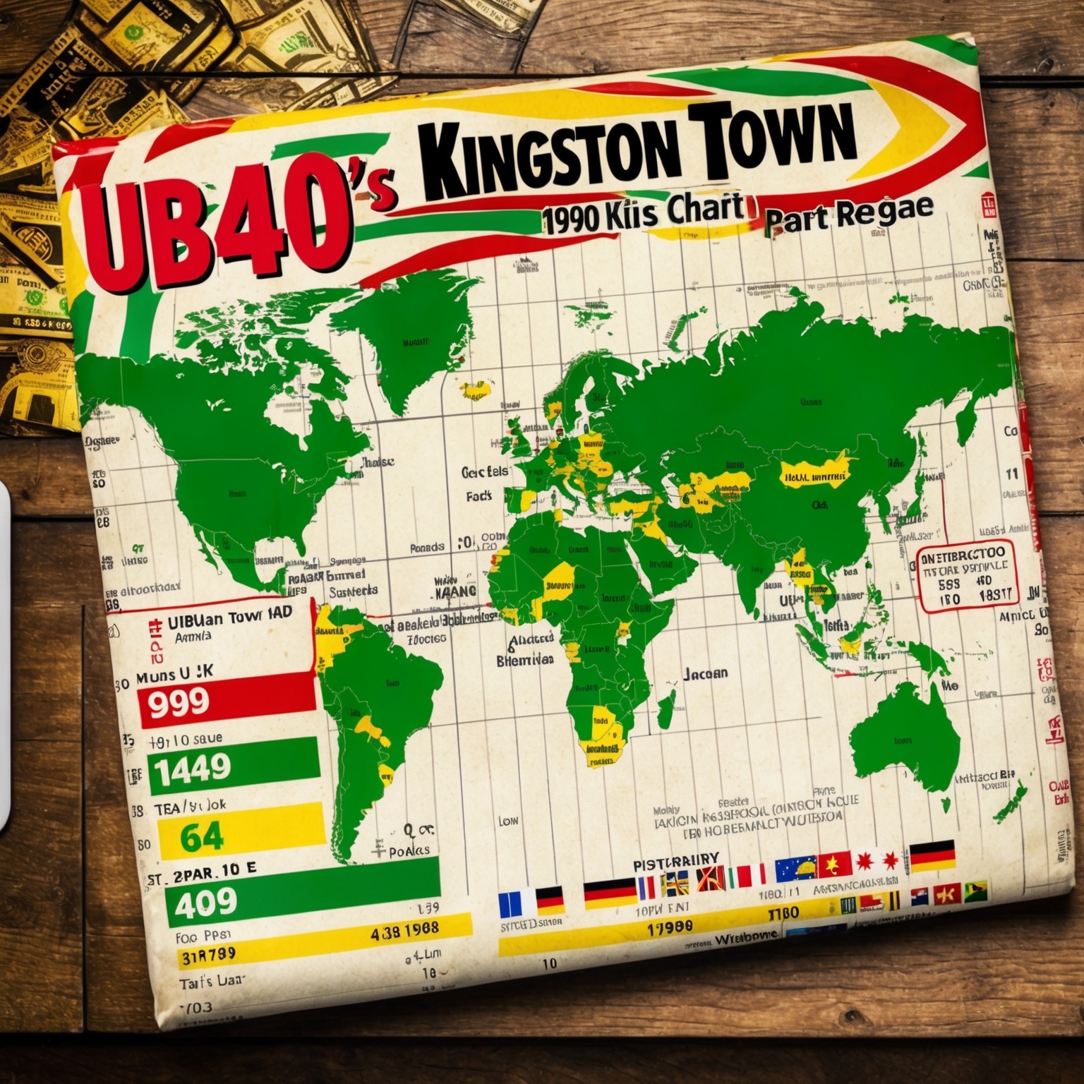 A vintage 1990s music chart adorned with reggae-themed graphics and a highlight around UB40