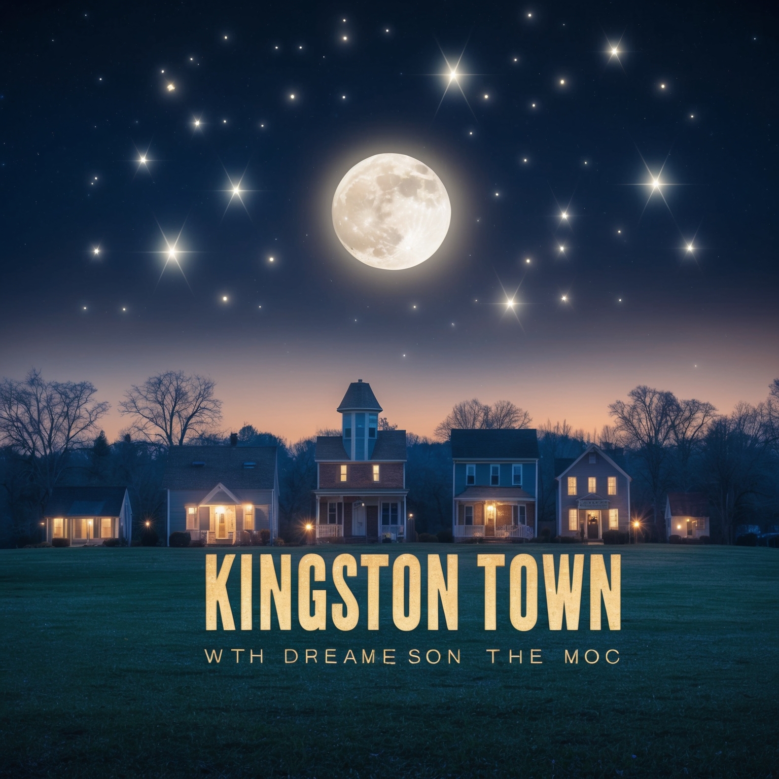 A serene, moonlit scene depicting a dreamy Kingston Town with stars brightly shining and fading at dawn, capturing the song