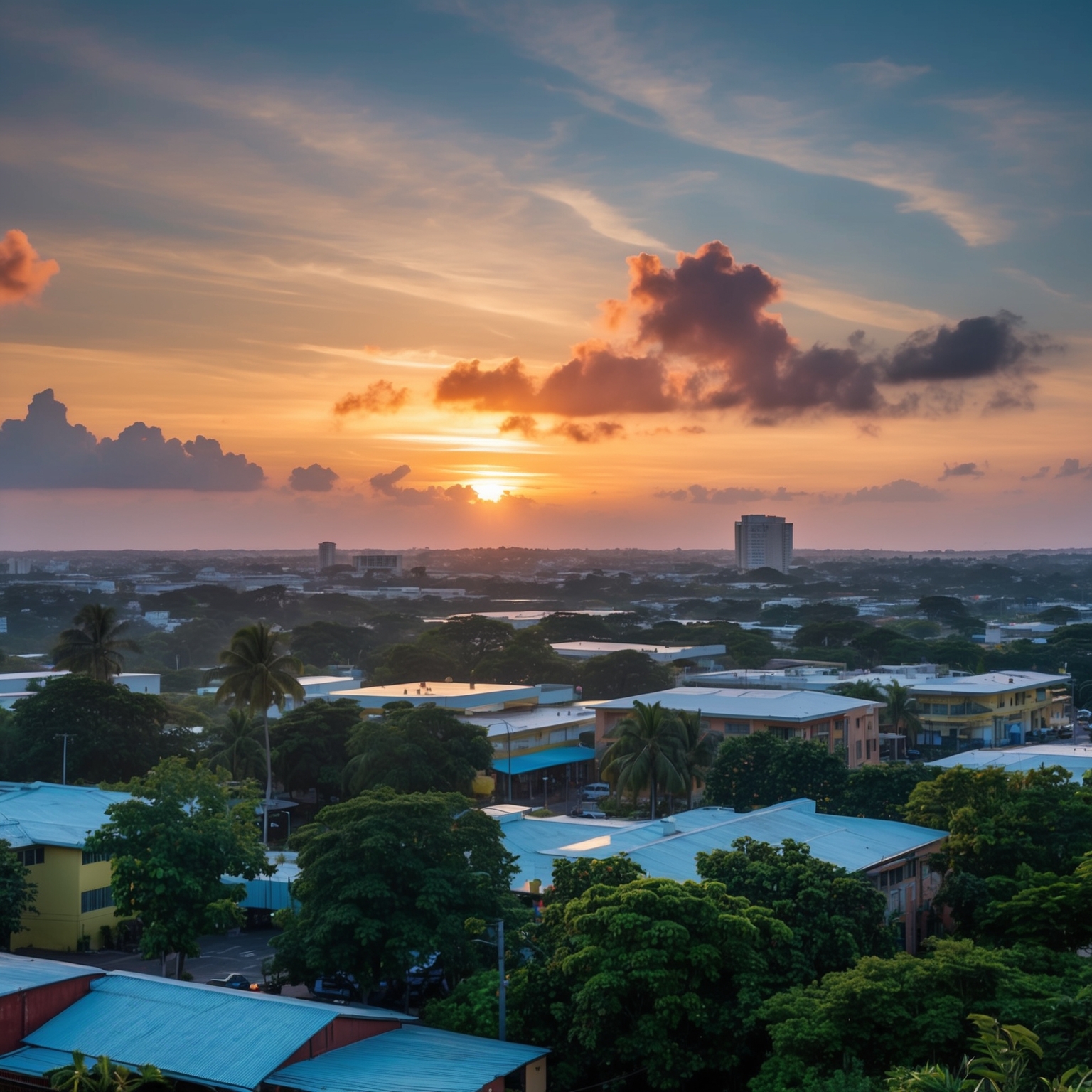 Create an image showcasing a serene, sunset-lit urban landscape reminiscent of Kingston, Jamaica, with hints of reggae cultural elements. The scene should evoke a sense of tranquility and warmth, reflecting the essence of a timeless, melodic reggae tune within a contemporary artistic interpretation.