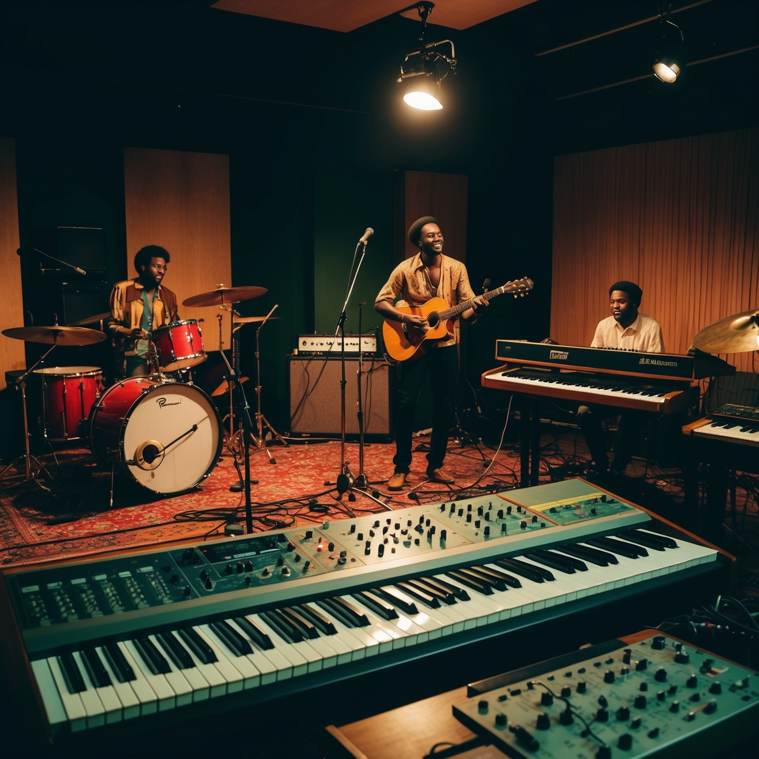 A serene reggae band recording session in a Birmingham studio, layered instruments including guitars, keyboards, brass setup, showcasing a retro vibe with an emotional touch of a late 1980s recording scene.