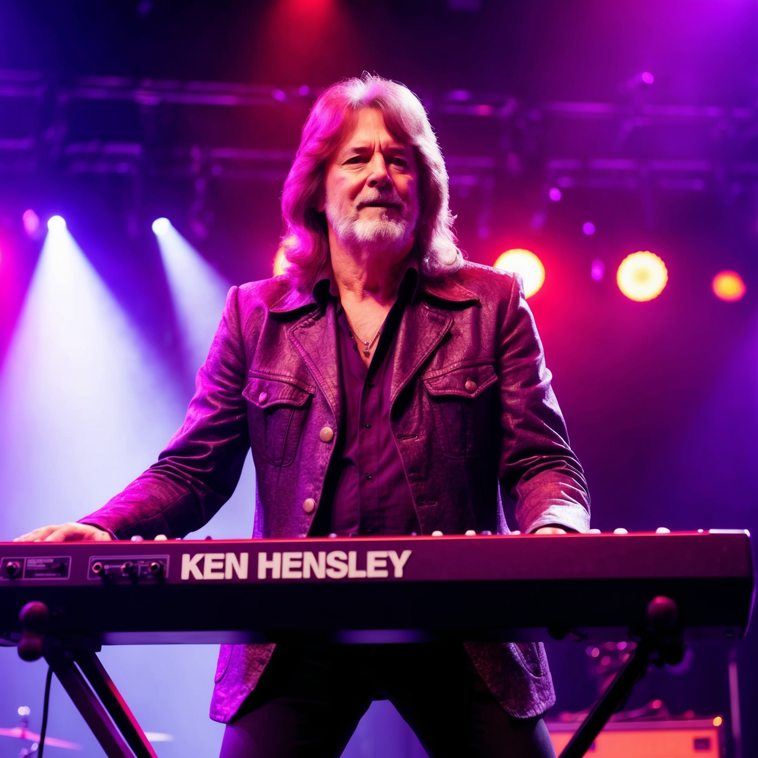 A portrait of Ken Hensley, the composer, in a 1970s rock musician style, playing a keyboard or guitar on stage, set against a backdrop of vibrant stage lights, capturing the essence of a classic rock performance.