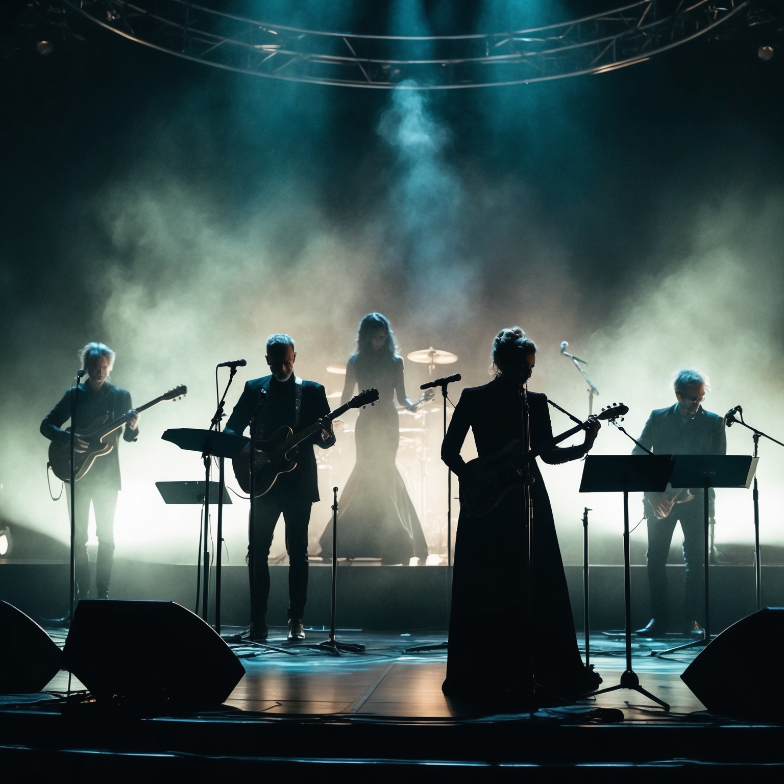 A mystical live performance stage with an atmospheric setting, featuring musicians playing 