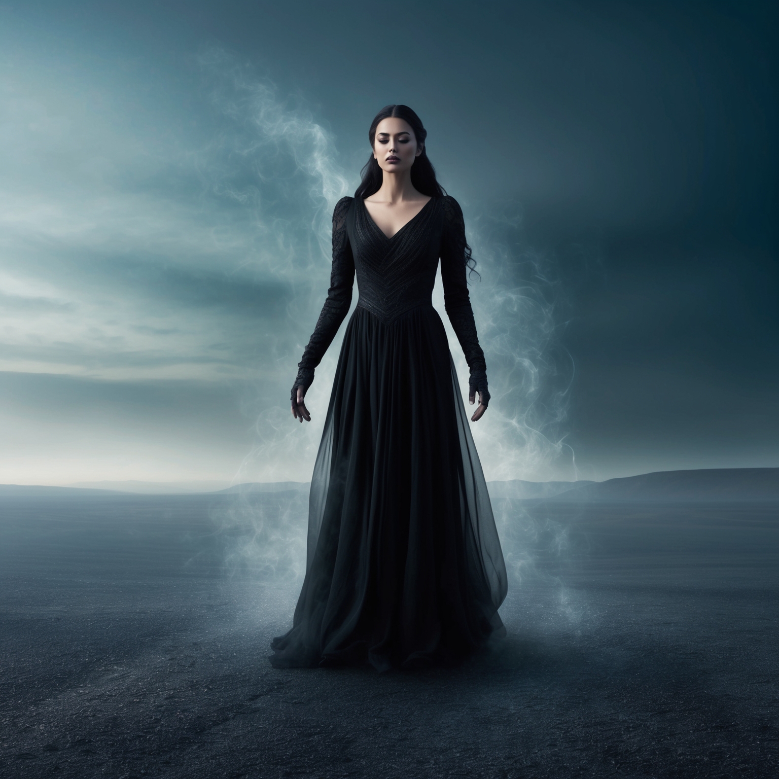 Generate an image of a mystical black-clad woman standing in a vast, ethereal landscape, with an aura of calmness and mystery surrounding her, capturing the essence of 