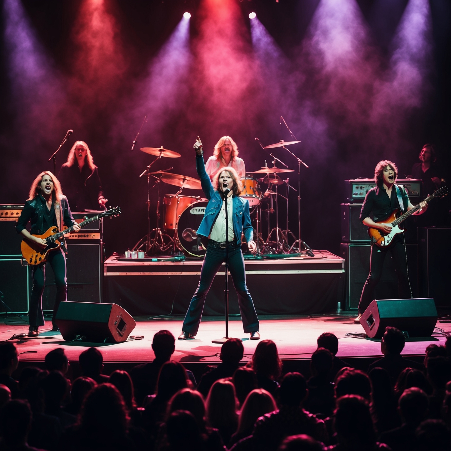 Visual scene capturing live musical performance on stage, 70s rock concert atmosphere, vintage band setup with charismatic lead singer, dramatic lighting illuminating energetic audience interaction, reminiscent of classic rock concert experience.