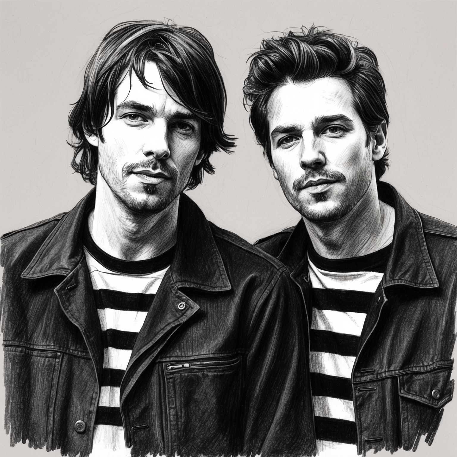 A charcoal, stylistic drawing of The White Stripes. The black and white portrait should have a half-finished feel, capturing the raw energy and contrasting dynamics of the duo.