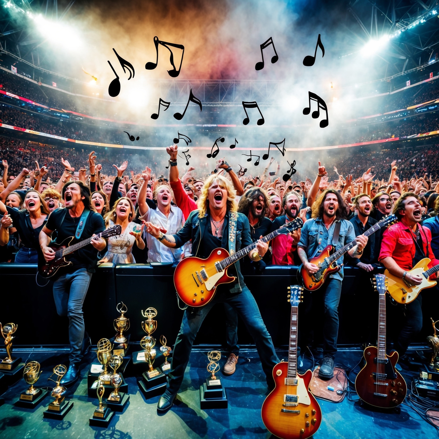 A dynamic image capturing a rock concert atmosphere with a focus on a large crowd in a stadium, displaying vibrant energy and excitement. Showcase various award trophies scattered around, with musical notes floating in the air. Highlight a diverse range of musicians from different genres playing guitars, reflecting the song