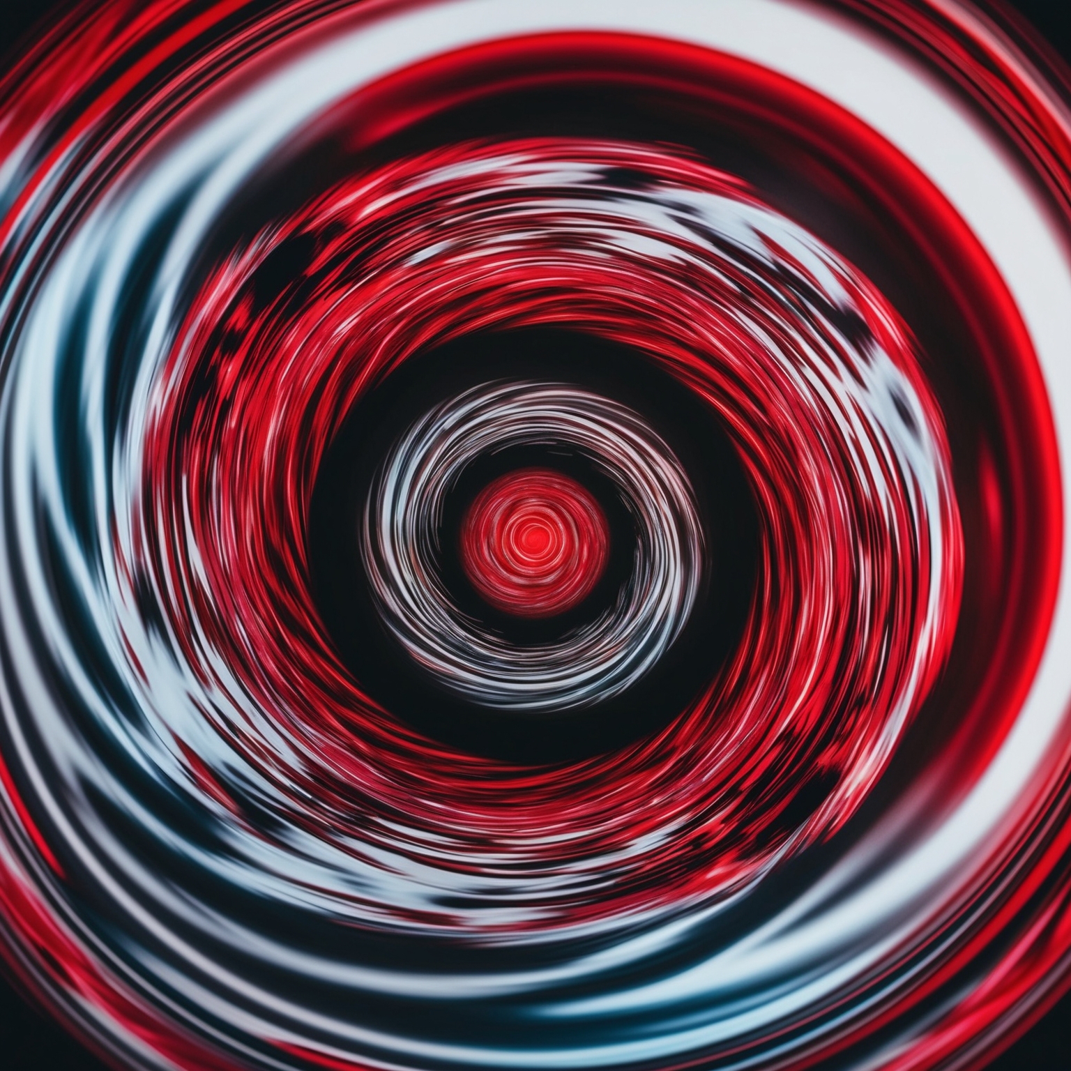 Create an image of a dynamic, psychedelic vortex featuring a blend of red, white, and black colors. The image should capture the essence of motion and rhythm, reflecting the iconic theme of a music video that embodies rock energy and creative visuals.