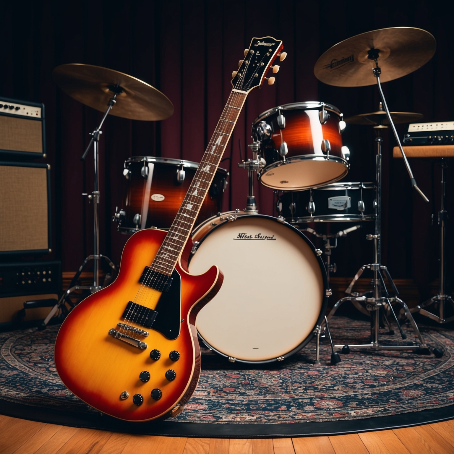 An artistic representation of a vintage guitar and drums set in a classic analog recording studio environment. Capture the aura of early 2000s rock music with attention to detail, symbolizing the sound and essence of The White Stripes