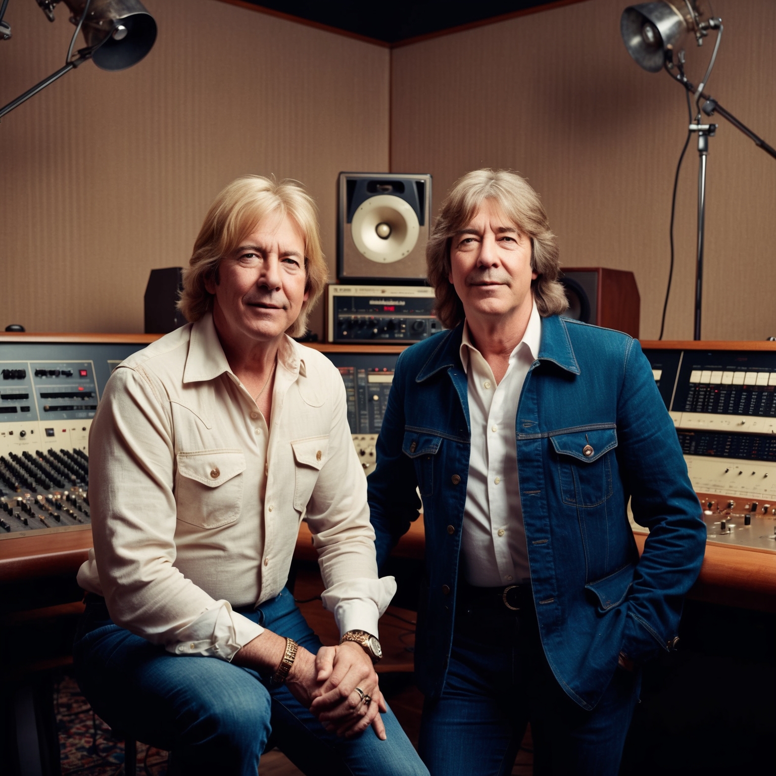 Portrait of Eric Stewart and Graham Gouldman in a recording studio from the 1970s, surrounded by sound engineering equipment, capturing a moment of creative collaboration. The setting includes vintage musical instruments and a 70s aesthetic, reflecting their role in creating 