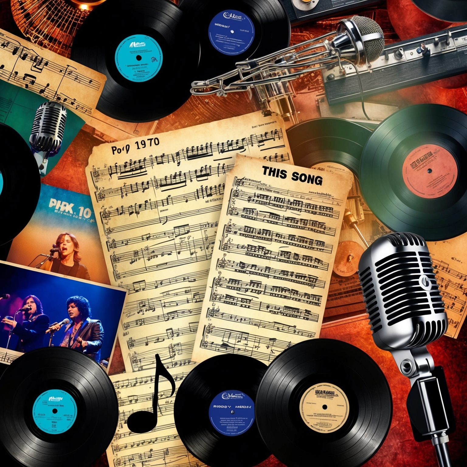 A visually captivating montage showcasing the music essence of a classic 1970s pop-rock song. Include elements of vinyl records, vintage music sheets, and microphones, combined with imagery symbolizing covers by diverse artists and its inclusion in pop culture mediums like TV and film. The vibe should be retro yet celebratory, highlighting the song