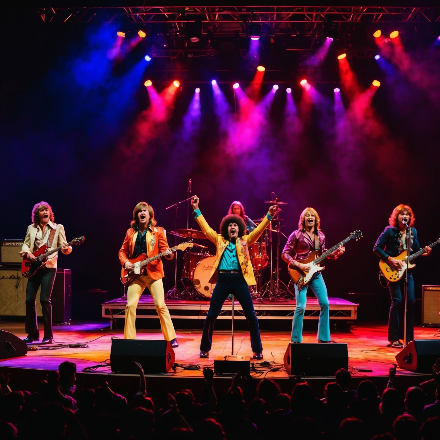 A vintage 1970s-themed concert with a vibrant and colorful stage, capturing the energy of a lively audience. The scene is set with band members energetically performing under dramatic lighting, their instruments prominent and evocative of the era.