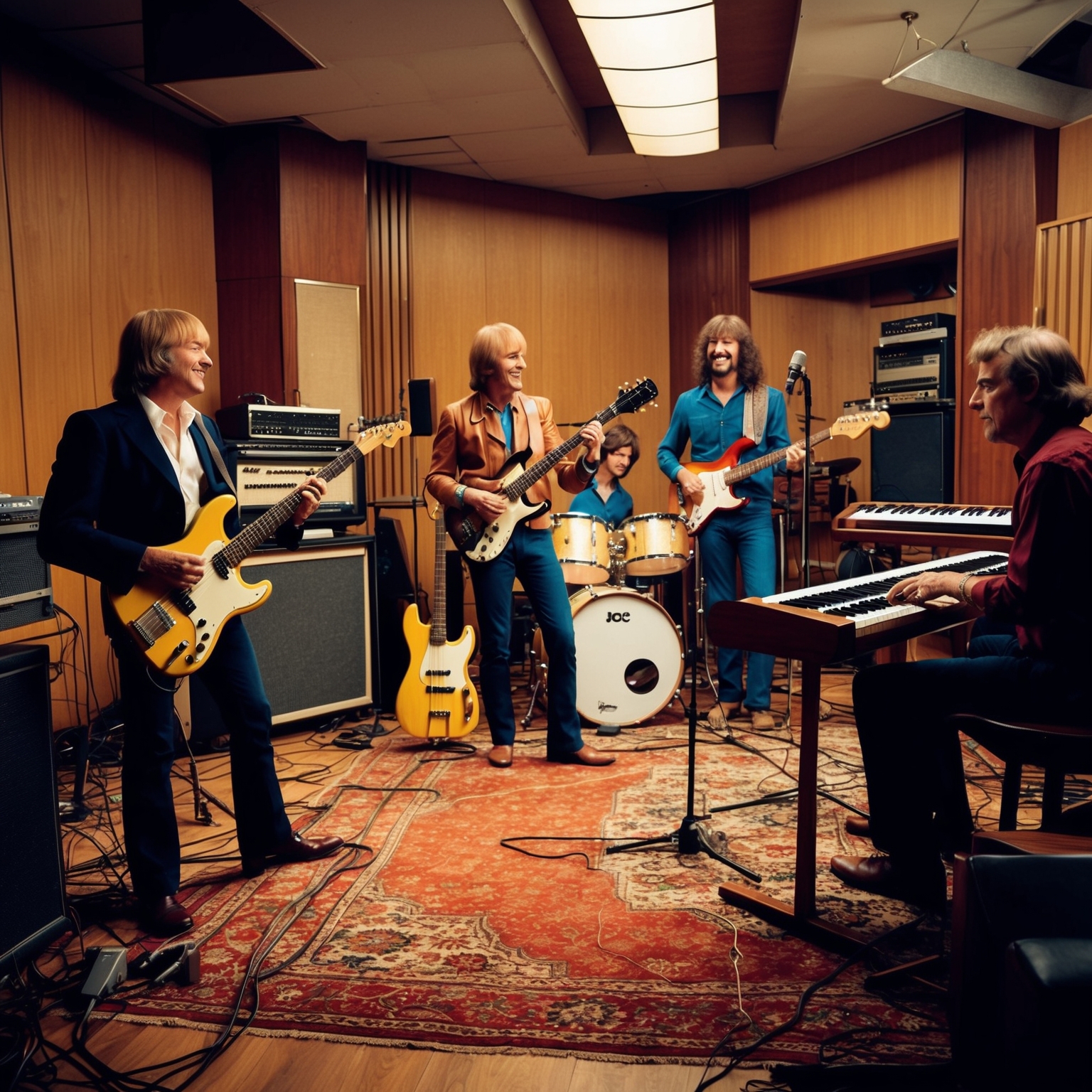 A vintage recording studio with musicians playing a mix of instruments including electric guitar, bass, drums, and keyboards; capturing the 1970s setting with retro equipment and band members collaborating creatively, reflecting the lively and energetic session of 10cc