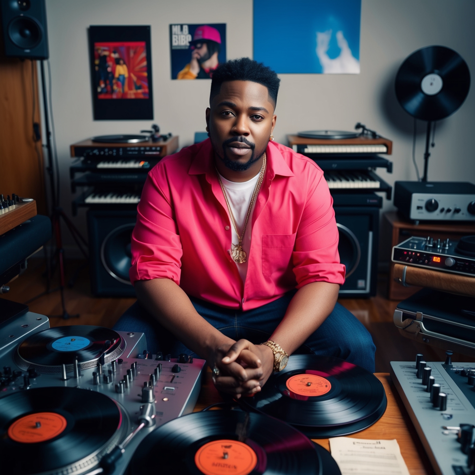 A vibrant portrait of a composer in a studio setting, surrounded by musical instruments and vinyl records, capturing the essence of 90s R&B and hip-hop influences.