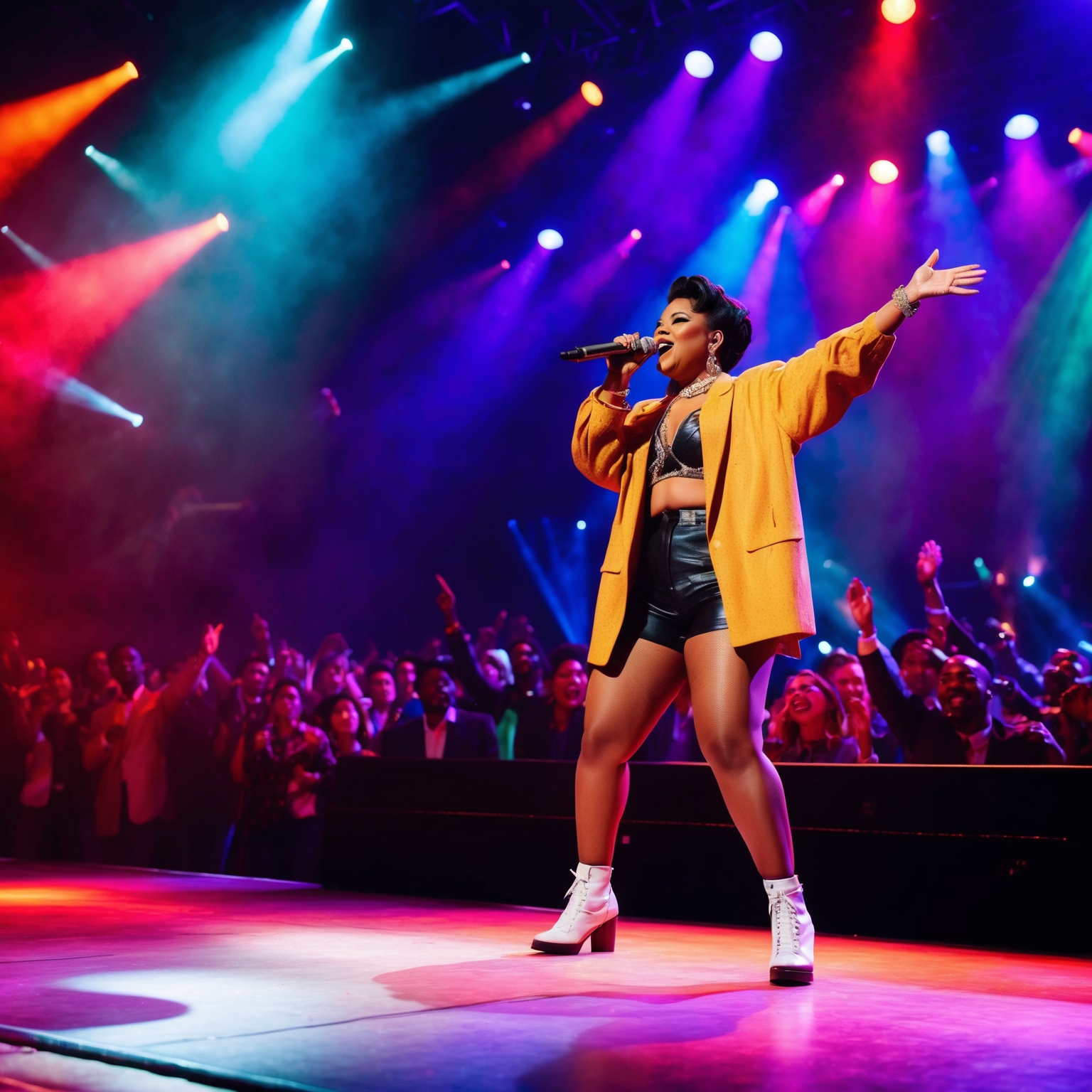 An evocative image capturing a vibrant music stage with an expressive female singer delivering an R&B performance. The scene is lively, featuring colorful spotlights and a dynamic background that reflects the vitality of 1990s music culture. The singer embodies confidence and charisma, wearing a stylish, era-appropriate outfit. The crowd is engaged, reflecting the entertainment and cultural impact of iconic music tracks from the past. Create a scene that feels both nostalgic and celebratory.