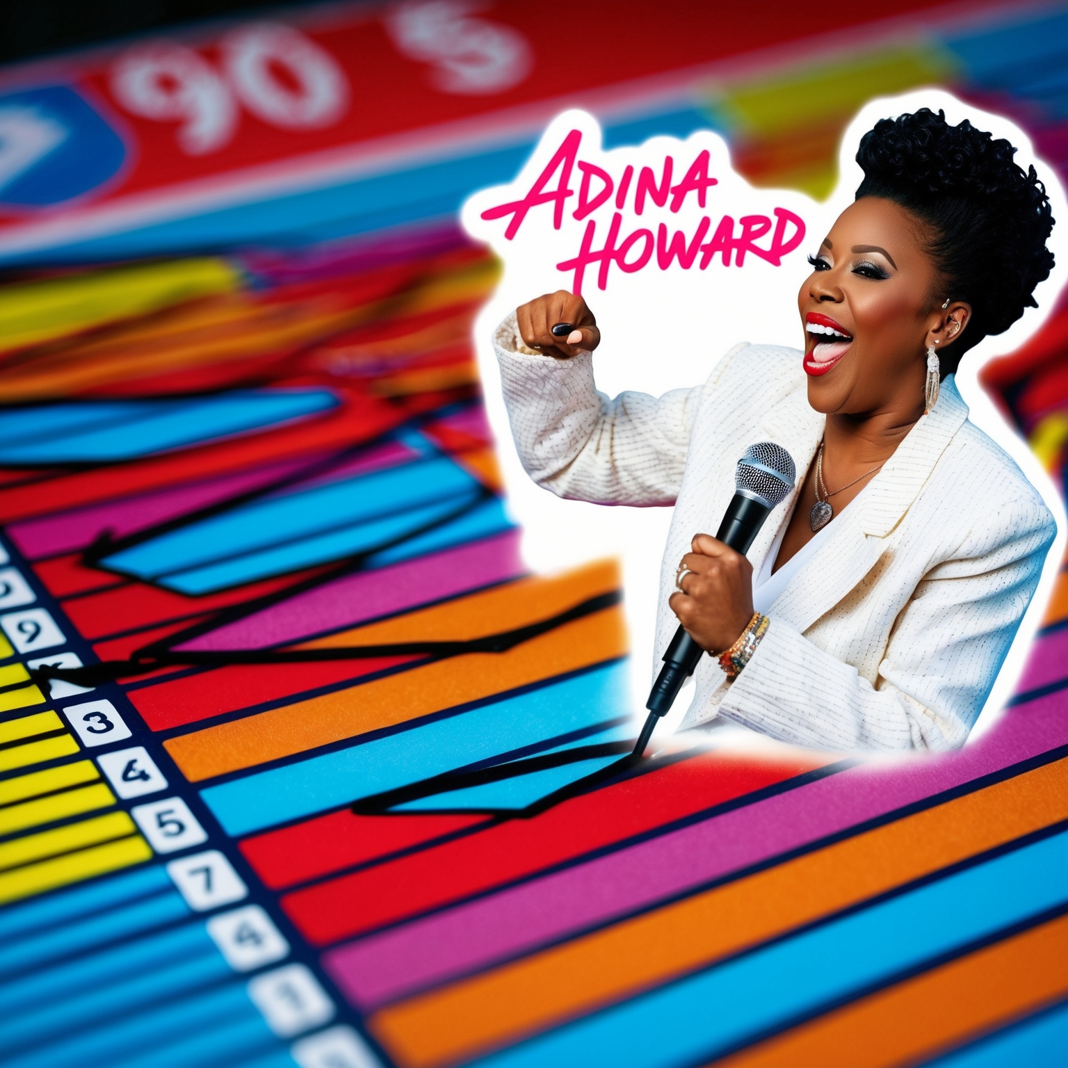 A vibrant scene of a 1990s music chart with colorful lines representing song positions. In the background, an illustration of Adina Howard in a powerful, iconic pose with a microphone, symbolizing her chart-topping success. The scene captures the bold and energetic spirit of mid-90s music culture.