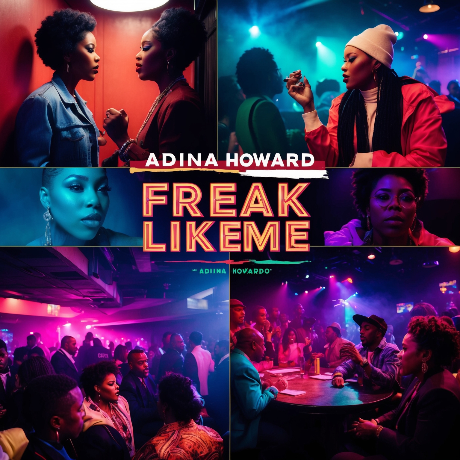 A vivid depiction of 90s R&B culture with elements of empowerment and bold self-expression. Highlight symbols of intimate conversations, vibrant urban settings, and an energetic nightclub scene, capturing the essence of Adina Howard