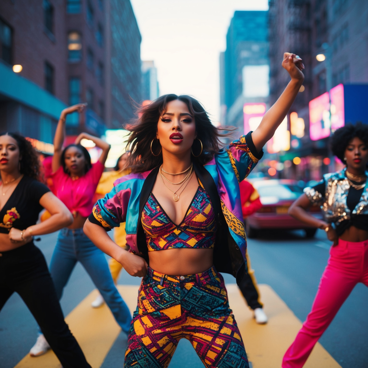 A 90s-inspired music video scene featuring a confident female artist, vibrant colors, dynamic choreography, urban settings, a blend of stylistic visual effects, and a powerful sense of self-expression. The atmosphere should reflect the essence of music video direction in the 1990s, with elements capturing the boldness and individuality of the era.