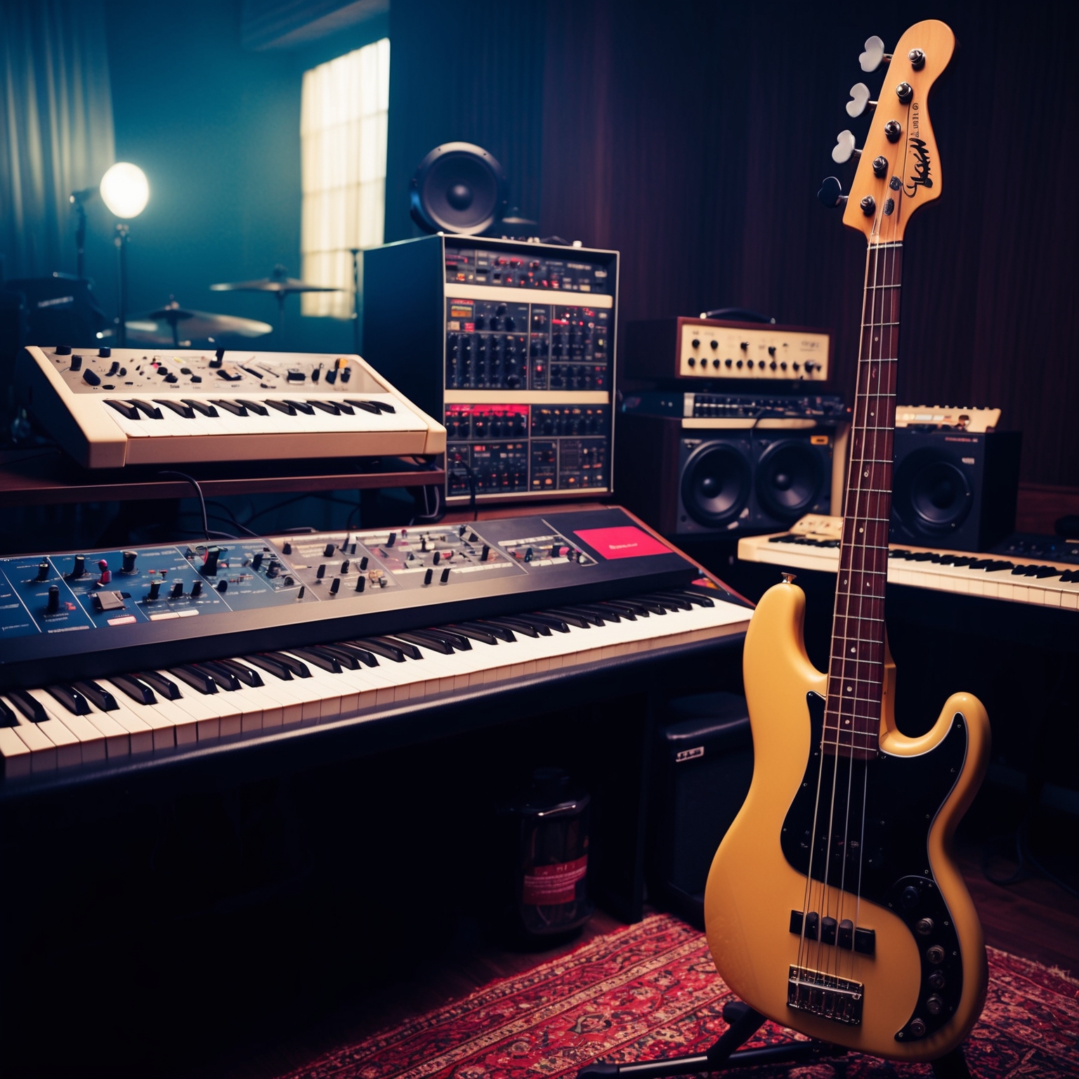 Create an image that captures the essence of a 1990s R&B studio environment. Include a blend of synthesizers, a drum machine, and a bass guitar, in a dimly lit, moody room. The image should convey a sense of vintage musical creativity, emphasizing a sultry and smooth atmosphere reminiscent of Adina Howard