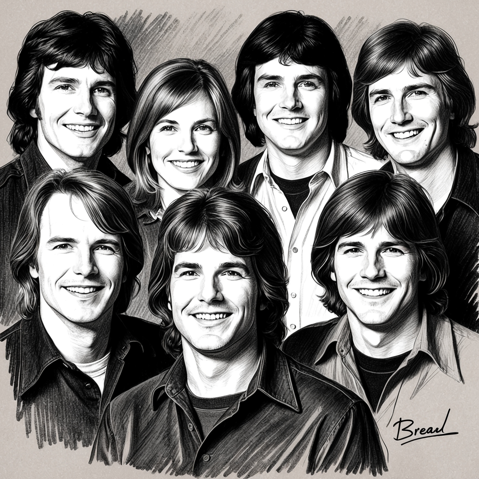 Create a charcoal, stylistic drawing of the band Bread, reminiscent of a black and white portrait with a half-finished feel. Capture the essence of a 1970s soft rock band, focusing on the founding members in a creative and harmonious depiction.