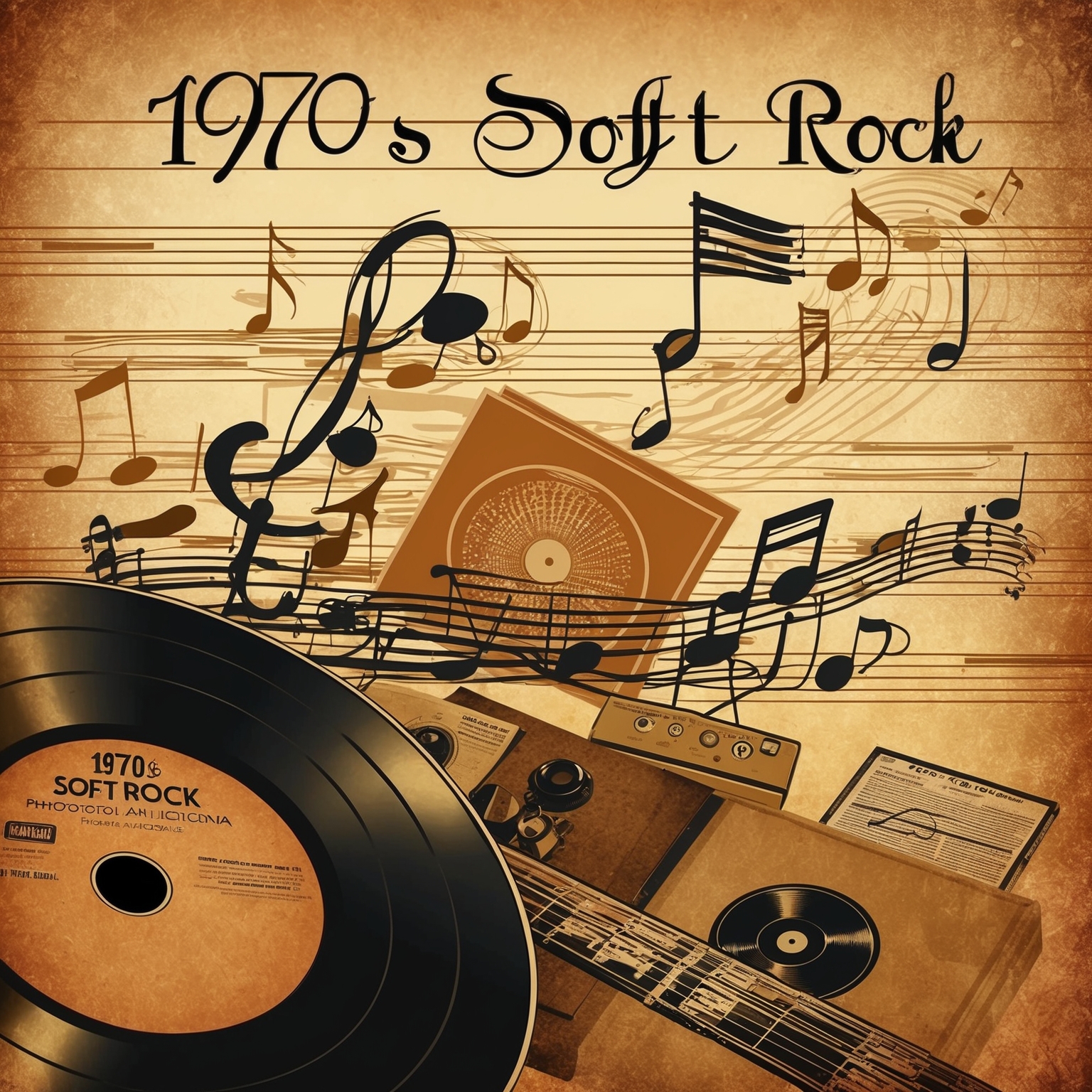 A retro-inspired illustration capturing the essence of the 1970s soft rock era. Depict a vintage scene with musical notes and instruments subtly incorporated, alongside record albums and soundwaves, symbolizing the song