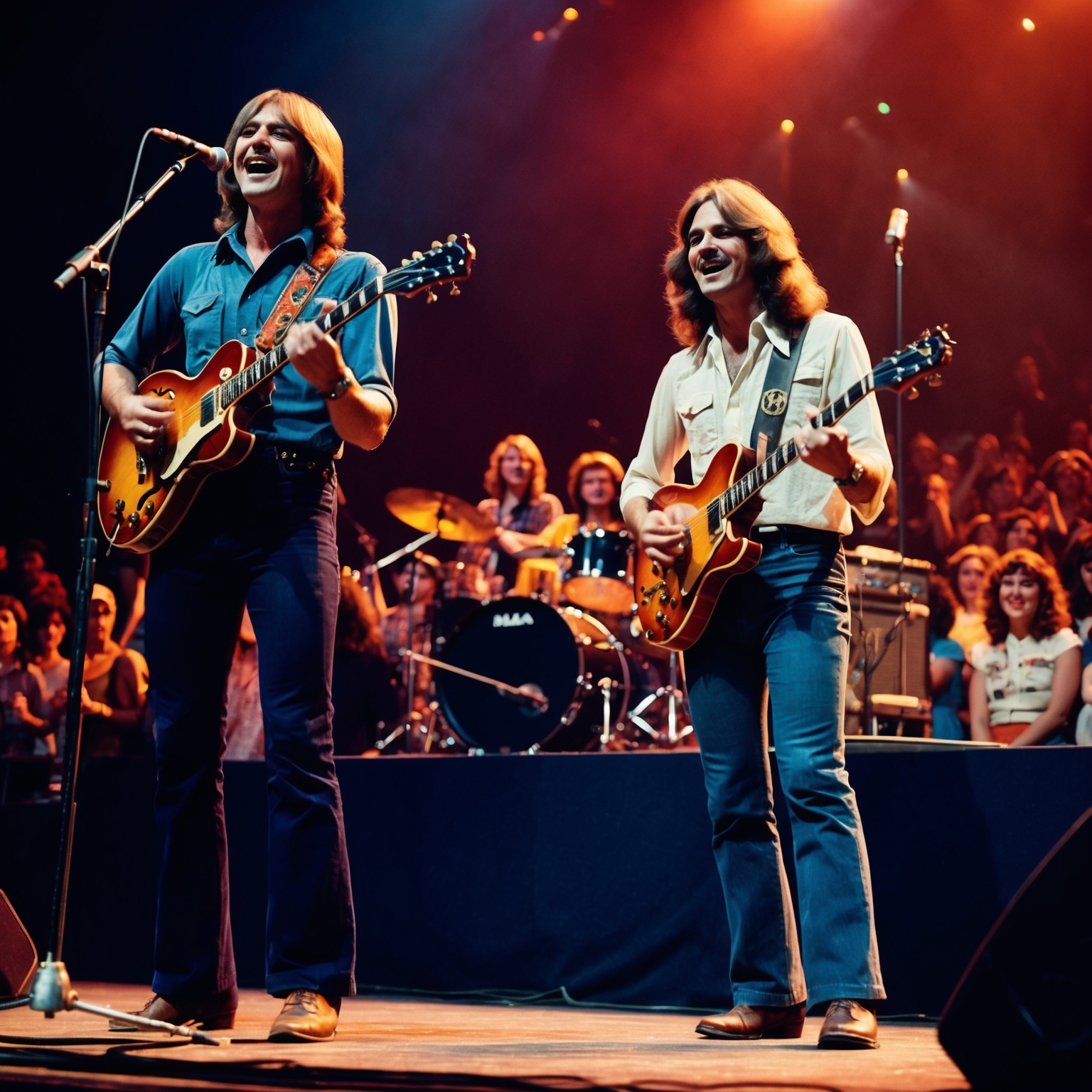 An early 1970s musical performance scene, capturing a band on stage with instruments from that era. The background shows a lively, diverse audience. The atmosphere reflects the vibrant mood of rock concerts of the time. Emphasize the band