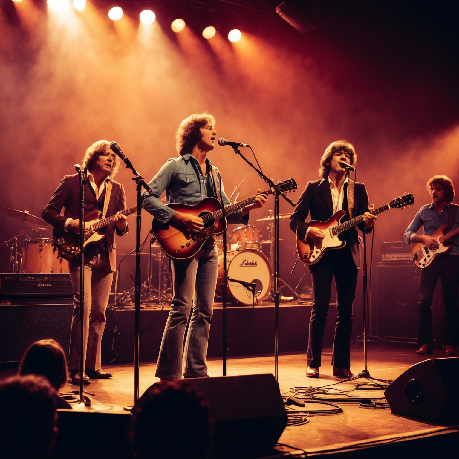 Create an image capturing the essence of the 1970s music scene, with a band performing live on a stage. The setting should include a warm, nostalgic atmosphere, with vintage musical instruments and an audience absorbed in the performance. The mood is emotive, reflecting themes of love and longing.