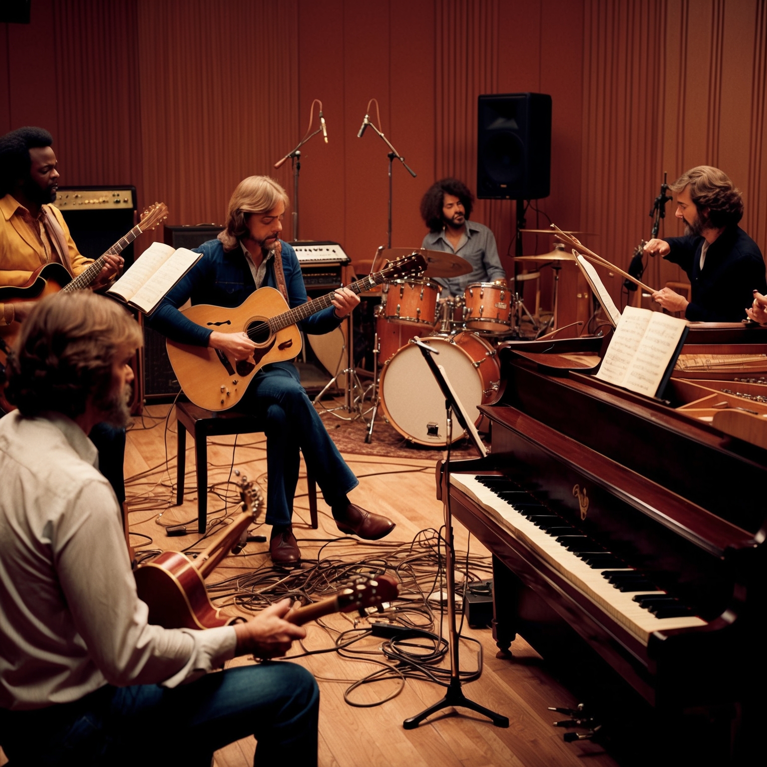 A detailed representation of a musical composition being crafted in a 1970s recording studio, capturing the essence of soft rock with instruments like acoustic guitars, electric piano, and subtle string elements. The studio ambiance is warm, with artists deeply engaged in creating a nuanced harmony of melody and rhythm, illustrating the collaborative spirit of the era.