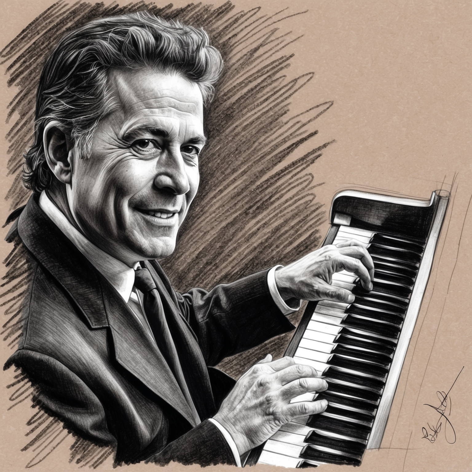 Create a black and white charcoal portrait of Billy Joel, portraying his face and hands playing a piano. Aim for a half-finished look, capturing the essence of his dynamic stage presence and the intensity he brings to his music.