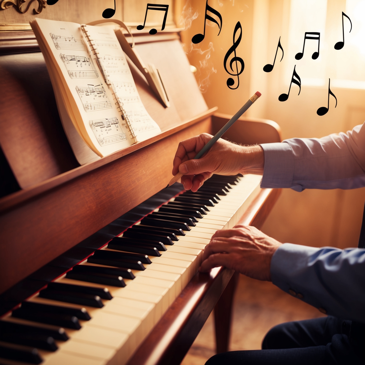 A scene depicting a piano with sheet music and a pencil, capturing the essence of a composer at work. The atmosphere should be warm, with soft lighting, music notes floating in the air, and a vintage setting. The piano