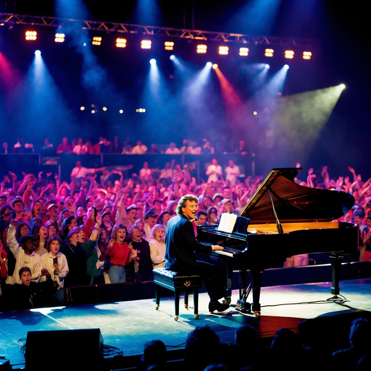 A dynamic 1990s concert scene featuring a lively crowd, bright stage lights, and a charismatic performer at the piano, capturing the essence of chart-topping music from the era.