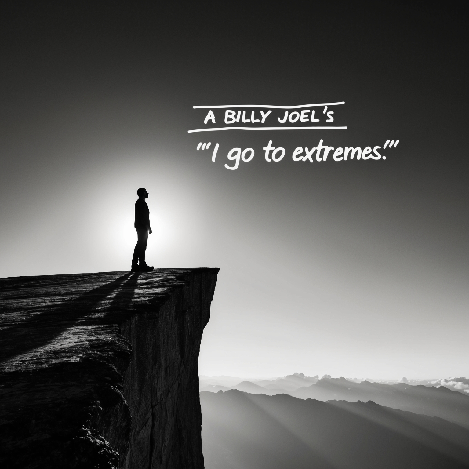 Create an evocative illustration depicting emotional extremes symbolized through sharp contrast; perhaps a figure standing on a cliff, their silhouette outlined against a stark sky, exhibiting the essence of both vulnerability and triumph found in Billy Joel