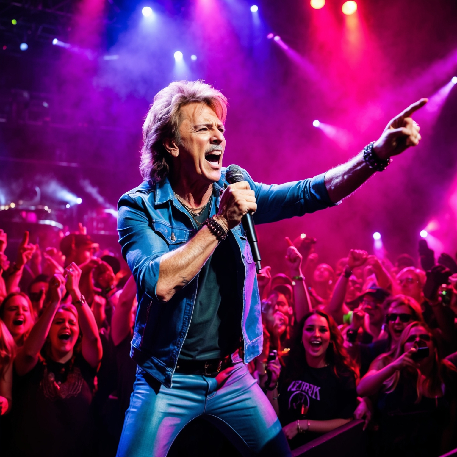 A vibrant concert scene featuring a dynamic lead singer and an enthusiastic crowd, capturing the electrifying energy of a live performance, infused with lights and music, reflective of the rock genre.