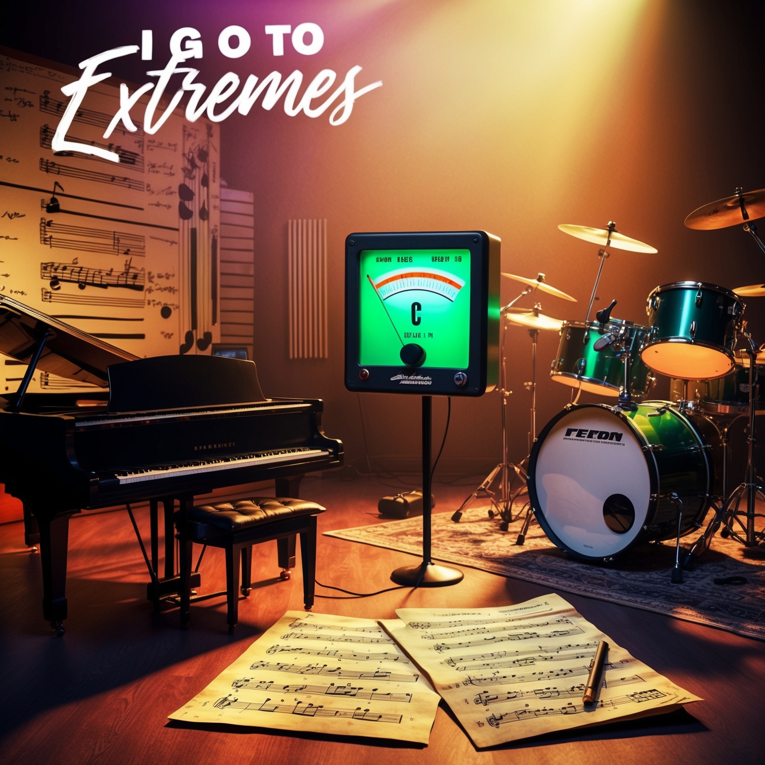 An artistic rendering of a music studio with a piano, electric guitar, and drum set. The ambiance is vibrant and dynamic, reflecting the robust and spirited soundscape of 