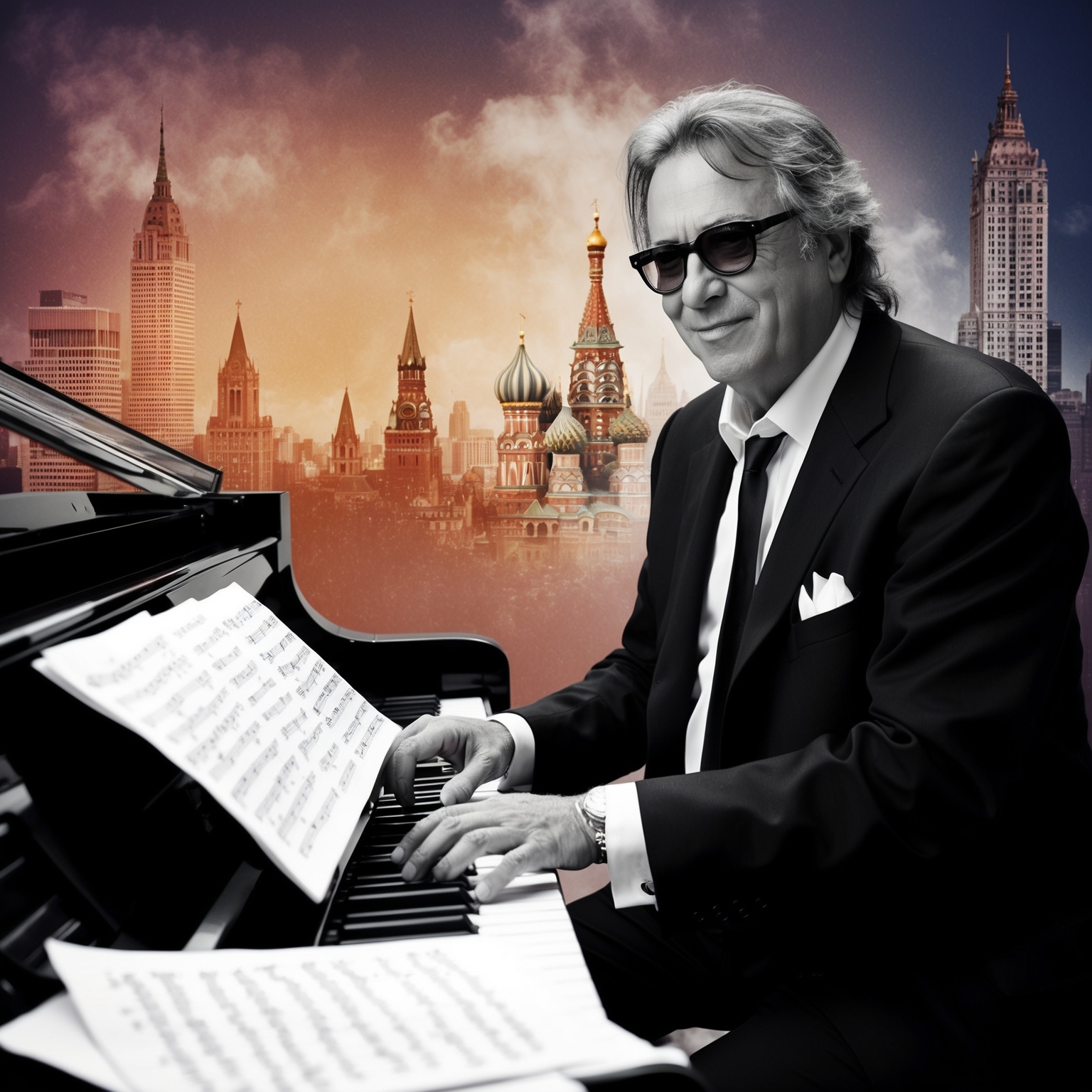 A composition featuring Billy Joel in a creative setting; seated at a grand piano with sheet music spread around, immersed in composing music. The background includes hints of New York City and Leningrad landmarks, depicting a fusion of East and West inspiration.