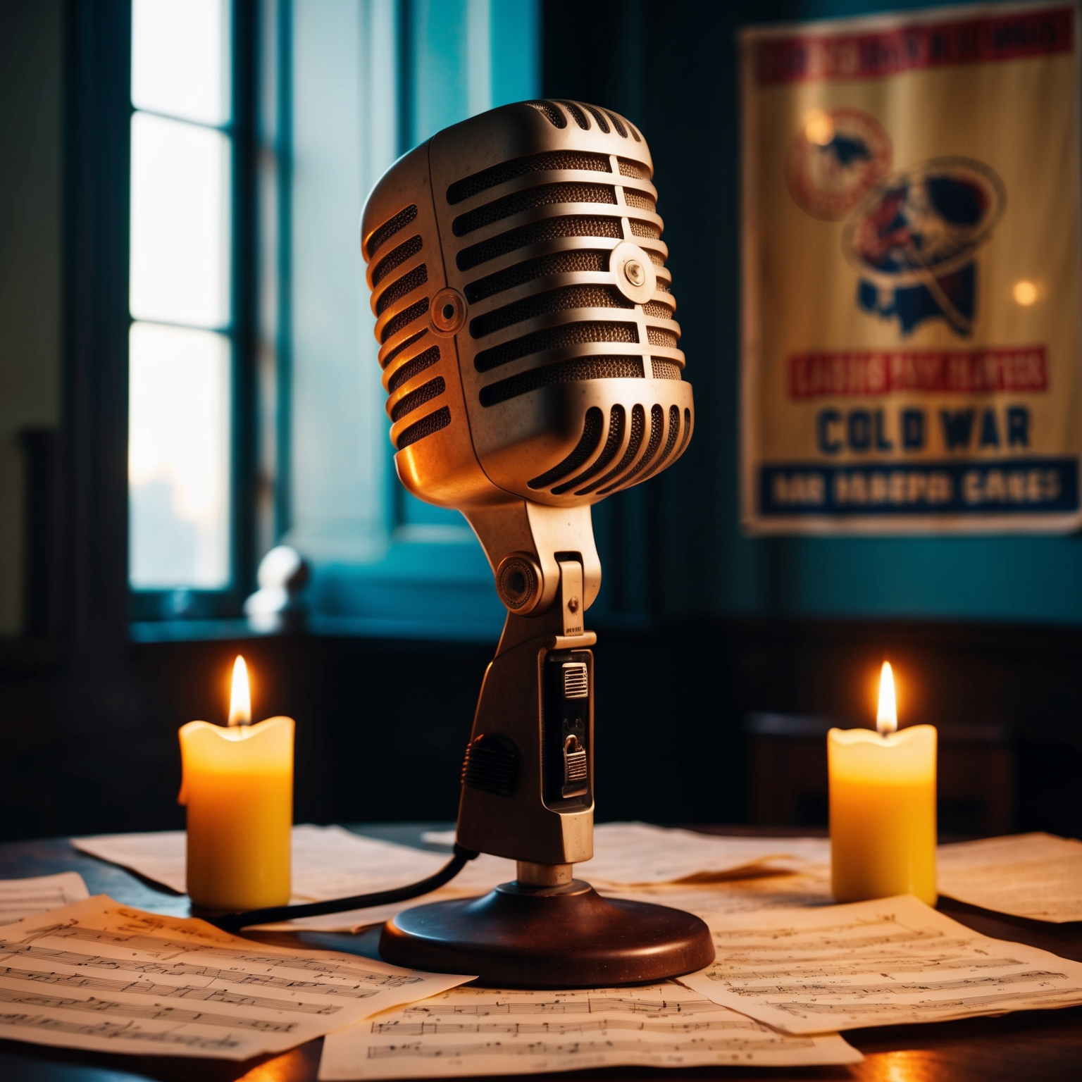 A vintage microphone with sheet music scattered around, candlelight illuminating the room, giving a historical, introspective ambiance. Retro Cold War-era posters are partially visible in the background.