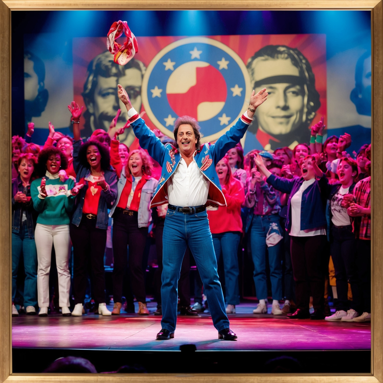 An engaging scene showing a vibrant, yet nostalgic atmosphere at a Billy Joel concert in the late 1980s, featuring fans of diverse backgrounds embracing the emotional resonance of his music against a backdrop reminiscent of post-Cold War symbolism.