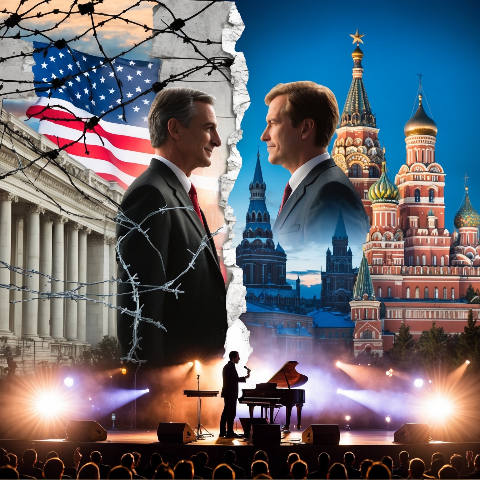 Create a collage depicting a split image of an American cityscape and the historical architecture of Leningrad. Include elements representing the Cold War, such as barbed wire or wall fragments. Show silhouettes of two men looking at each other, symbolizing friendship across borders. Integrate live concert elements with a grand piano and stage lights.