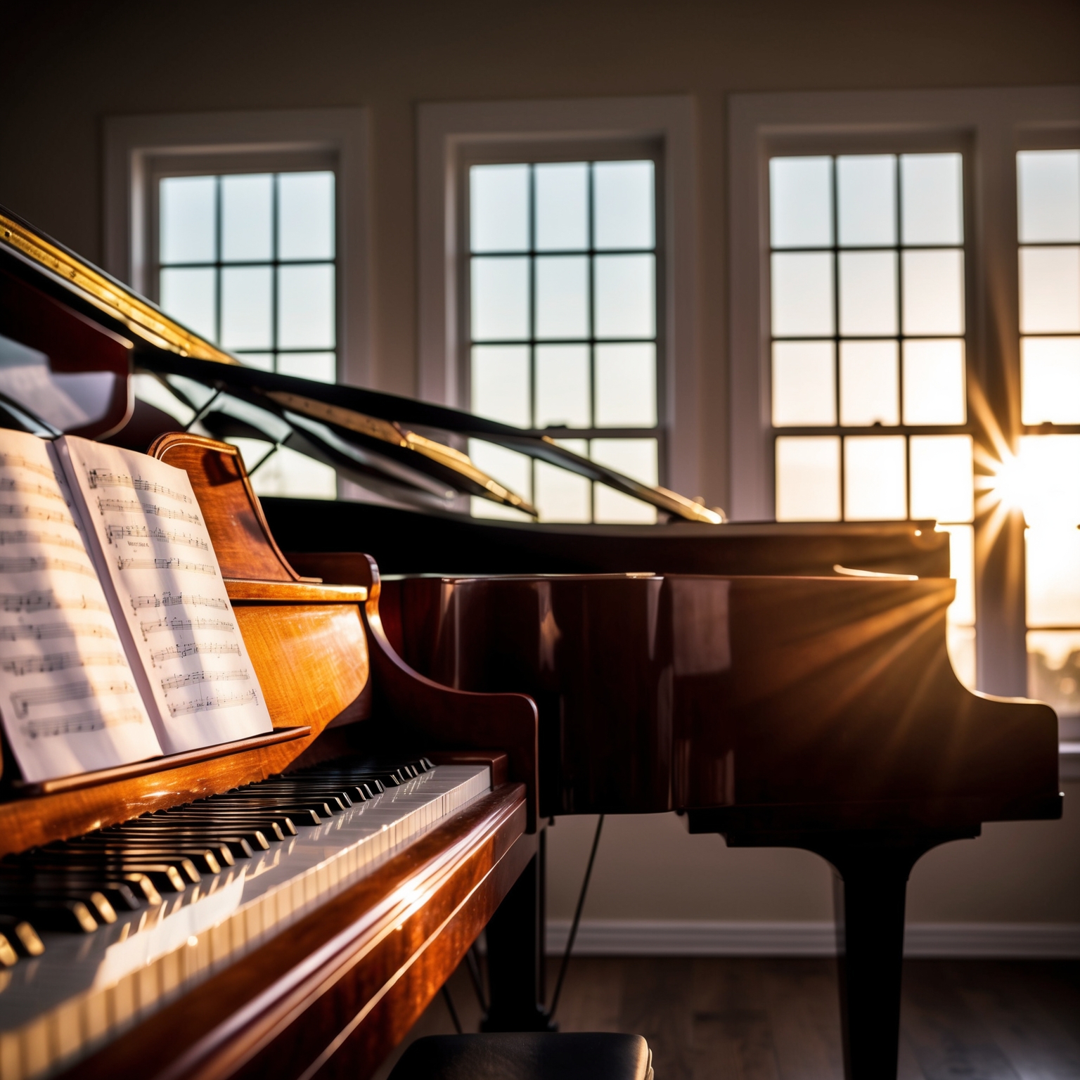 Create an image of a grand piano with sheet music, a setting sun peeping through a window in the background, reflecting the timeless appeal of a classic ballad. The scene should evoke a sense of nostalgia and simplicity, capturing the essence of a songwriter