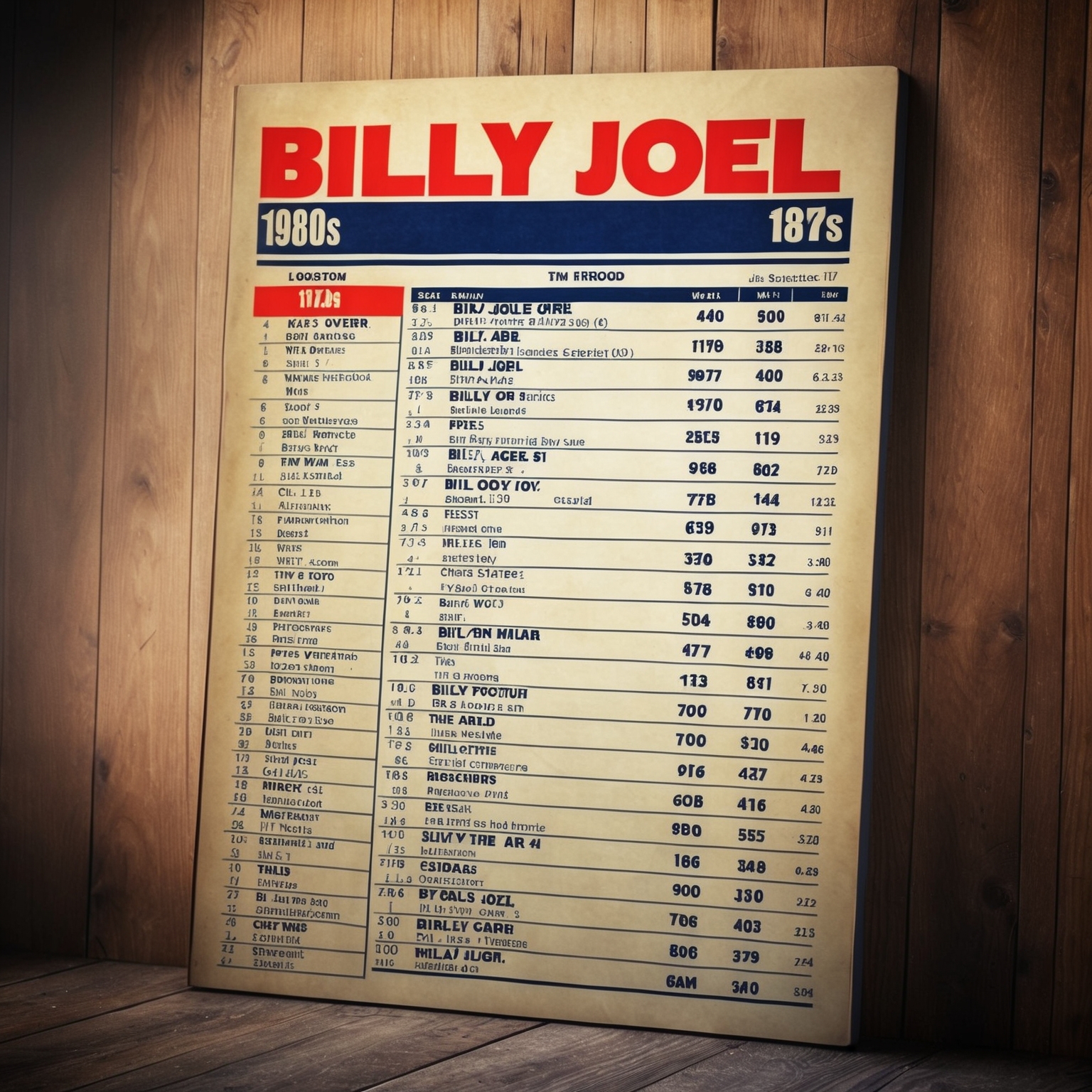 A vintage record chart from the 1980s with Billy Joel