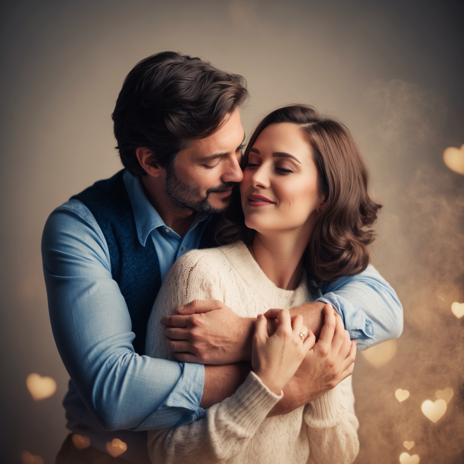 A gentle and intimate portrait of a couple in a tender embrace, capturing themes of love and admiration. Their expressions need to convey a sense of warmth and affection, surrounded by a soft, romantic ambiance. Hints of 1970s vintage style can be included to reflect the time when the song was released. The overall tone should be serene and heartfelt, mirroring the song