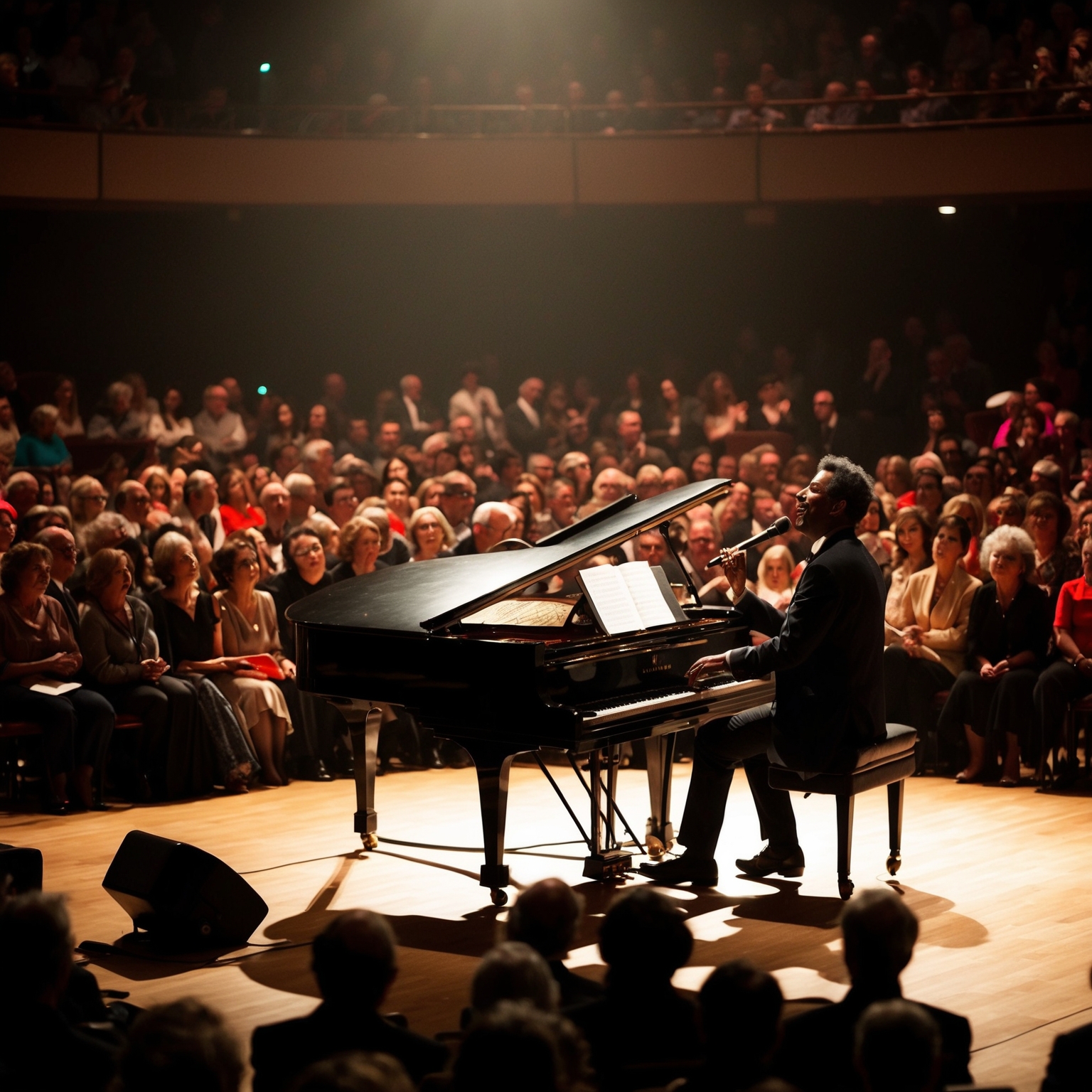 A crowded concert hall with dim lighting, focusing on a grand piano at the center. In the spotlight is a pianist, emotively singing, their fingers dancing across the keys. The audience is captivated, some visibly moved. The scene is intimate, with an air of nostalgia, evoking a sense of timeless connection between the performer and the listeners.