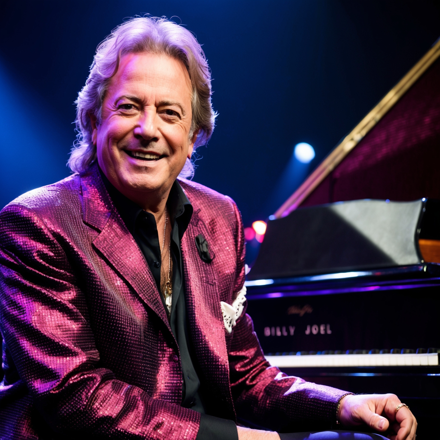 A portrait of Billy Joel, capturing his charismatic stage presence, with a piano in the background emphasizing his creative genius. Include elements of 1980s rock aesthetics, showcasing his dynamic and versatile musical style.