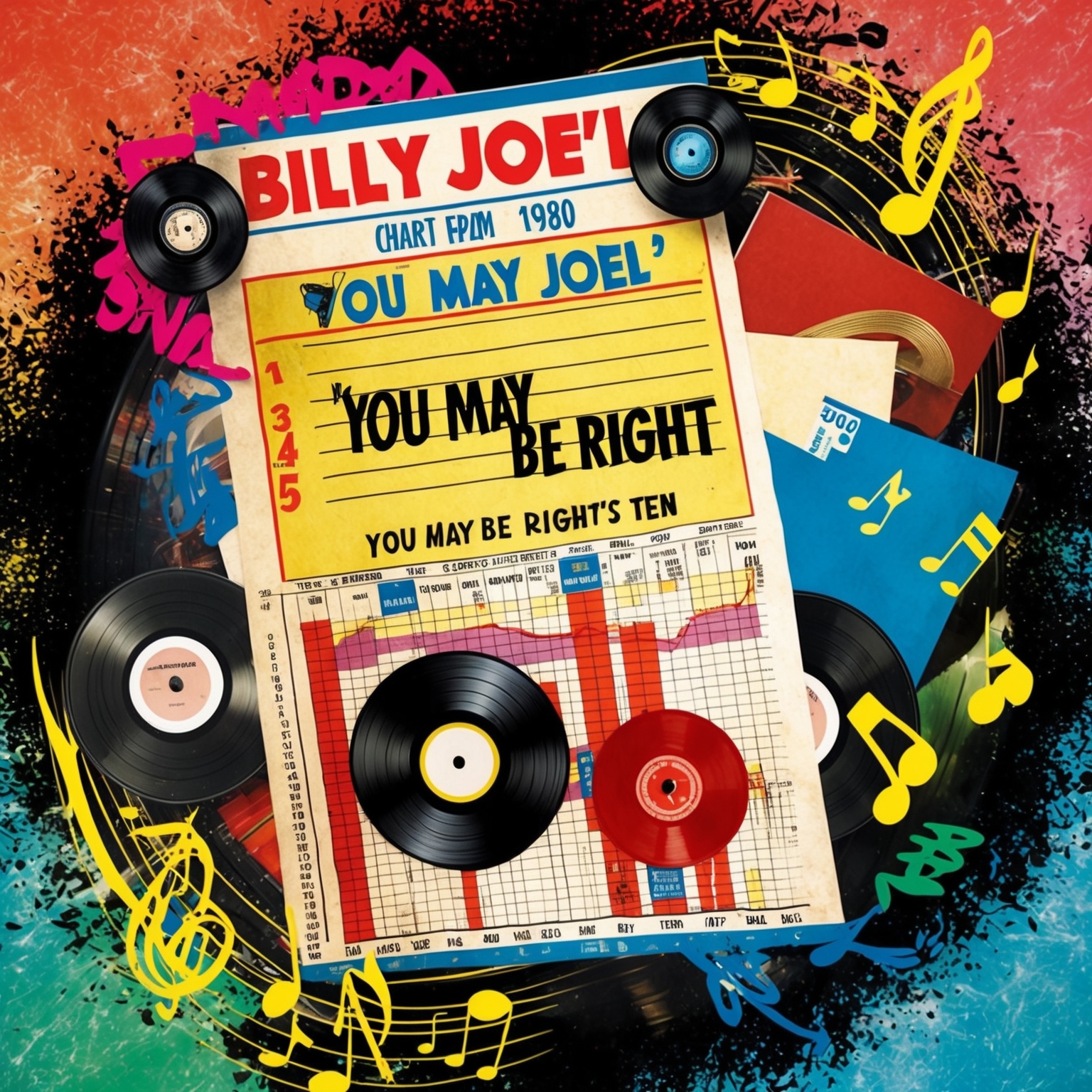 A vibrant collage showing a vintage Billboard chart from 1980, highlighting Billy Joel