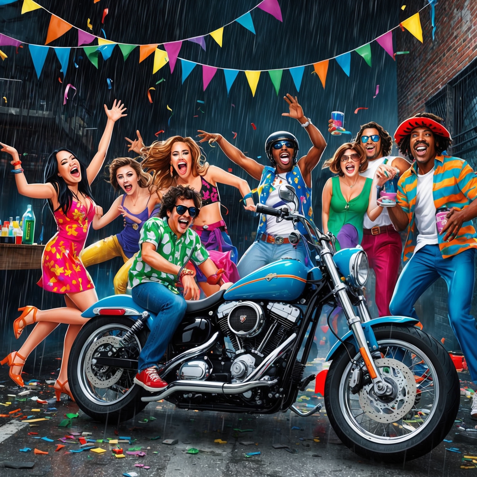 Create an illustration capturing a playful and reckless party scene. The setting should include elements like a crashed party, a motorcycle under the rain, and a gritty urban background reminiscent of Brooklyn. Emphasize the chaos and vibrancy of a rock 